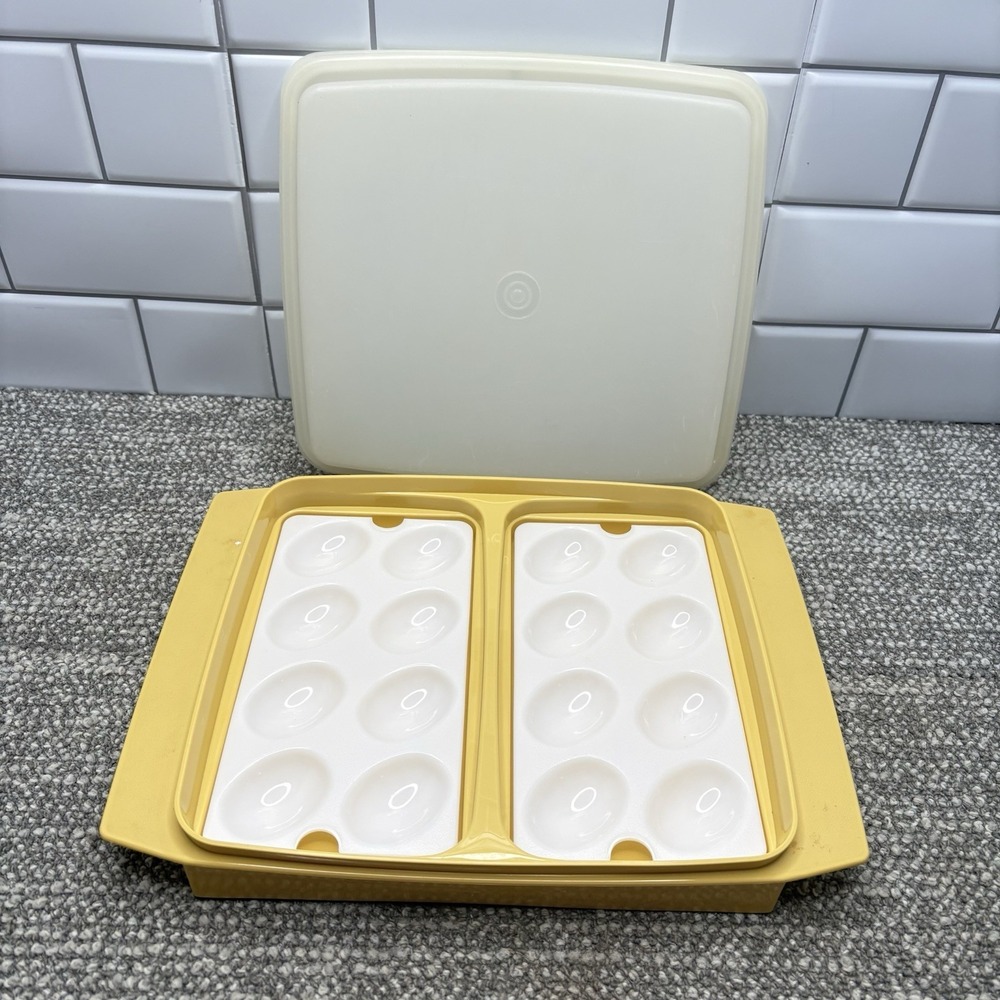 Vintage Tupperware Deviled Egg Trays with Harvest Gold Carrier W Lid